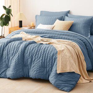 New Grayish Blue King Size Comforter Set Seersucker 7 Pieces Dusty Blue Bed